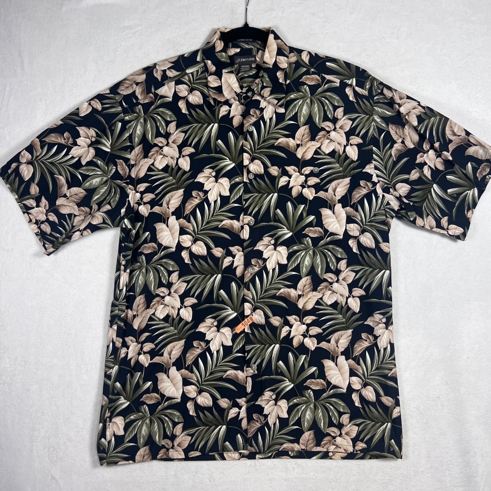 St Johns Bay Island Style Men Medium Tropical Leaf Print Cotton Aloha Shirt Navy